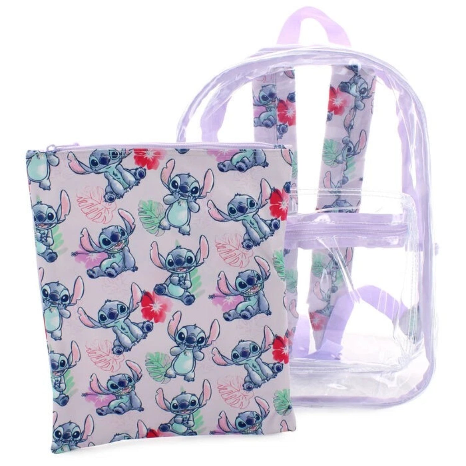 Mochila transparente con estampado de Stitch, vista frontal con funda incluida